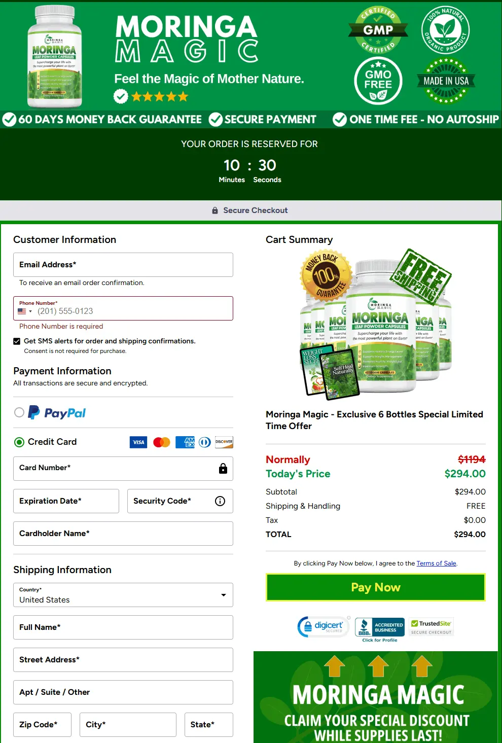 Secure checkout page for Moringa Magic with multiple payment options